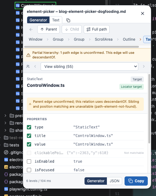 The Element Picker popup after picking a file name in the editor's explorer
