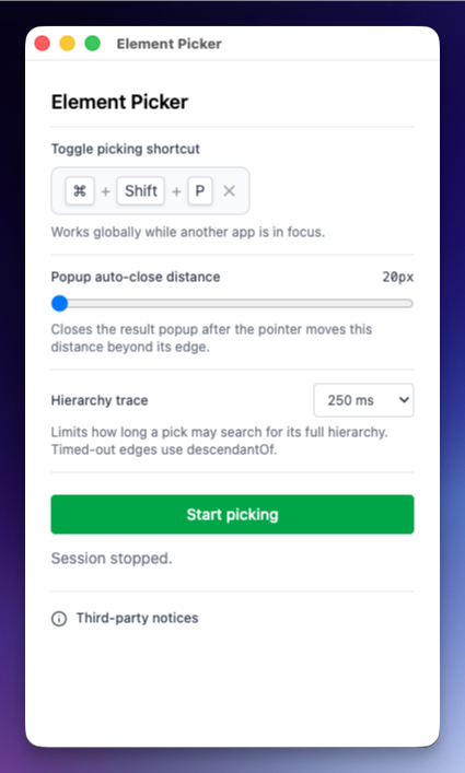 The Element Picker settings window